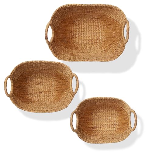 Casafield Set of 3 Multipurpose Boat Baskets with Handles - Natural, Woven Water Hyacinth Storage Organizers for Throw Blankets, Bedroom, Laundry