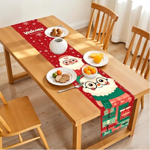 Christmas Table Runner – Red Holiday Table Decoration with Cute Santa Claus & Gifts Design, Festive Dining Table Decor for Christmas Party, Family Dinner, Kitchen & Living Room - color: 103