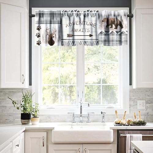 Retro Cabin Valance Curtains,Rustic Hunting Theme Forest Animals Blackout Window Valance,Grey Plaid Check Farmhouse Print Short Window Treatments for Bedroom Living Room Kitchen,54x18in - color: Bear-4