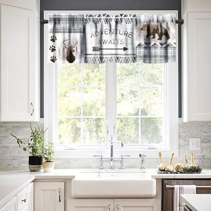 Retro Cabin Valance Curtains,Rustic Hunting Theme Forest Animals Blackout Window Valance,Grey Plaid Check Farmhouse Print Short Window Treatments for Bedroom Living Room Kitchen,54x18in - color: Bear-4