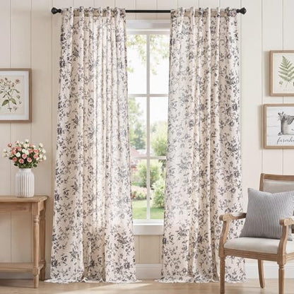 jinchan Linen Curtains 96 inch Black Floral Farmhouse Rod Pocket 2 Panels - color: Amlie Black, size: 50"W x 96"L (Pack of 2)