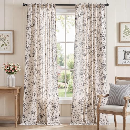 jinchan Linen Curtains 96 inch Black Floral Farmhouse Rod Pocket 2 Panels - color: Amlie Black, size: 50"W x 96"L (Pack of 2)