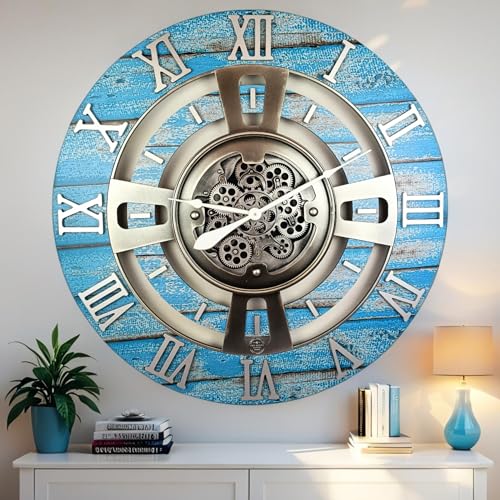 ImprovingLife The Gears Clock Real Moving Gear Wall Clock England Line (Ocean Blue, 36 inches (90 cm)) - color: Ocean Blue, size: 36 inches (90 cm)