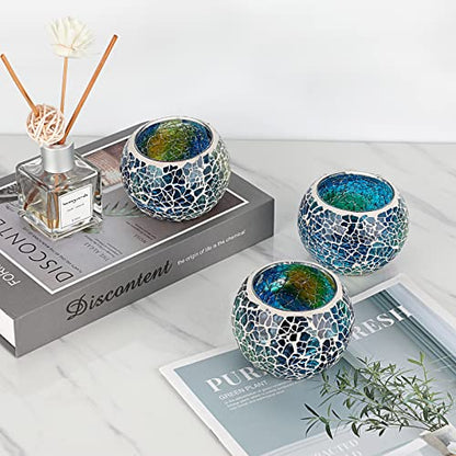 OwnMy 3PCS Mosaic Glass Tea Light Holders Round Bowl Votive Candle Holders - color: Blue