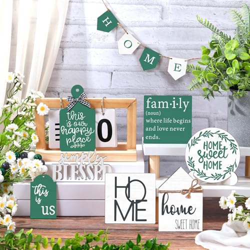 FairySandy 11 Pcs Home Tiered Tray Decor Green Rustic Wooden Signs - style: Green Style