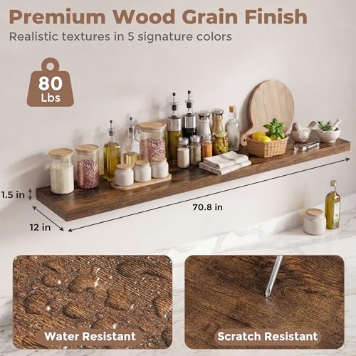 12 inch Deep Floating Shelves for Wall, 72" Wide, Rustic Brown, 2-Pack - color: Rustic Brown, size: 72"w x 12"d, 2p