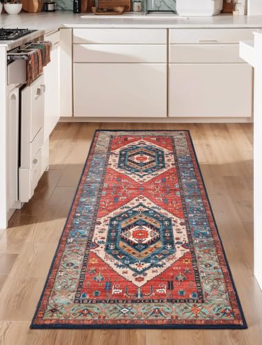 SERISSA 2x6 Washable Non Slip Boho Runner Rug for Hallway，Rust - color: Rust/Multi, size: 2' x 6' (Runner)