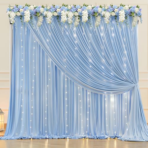 20 x 10ft Baby Blue Backdrop Curtains with Lights String - color: Baby Blue, size: W5' x H10'(4 panels)