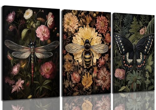 3pcs Framed Dark Floral Plant Canvas Wall Art Vintage Insect Bee Dragonfly Butterfly Wall Decor Pictures Moody insect Posters Prints for Gothic Dark Academia Aesthetic Decoration 16x24in - color: Canvas, size: 16x24in