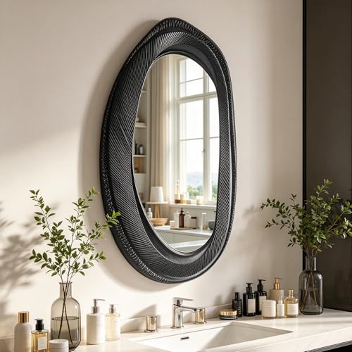 POZINO 40"X20" Irregular Wall Mirror, Black Asymmetrical Wood Mirror - size: 40"L x 20"W