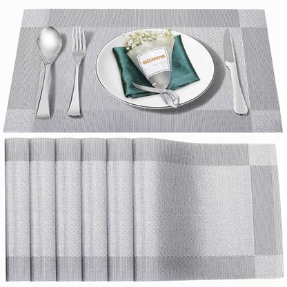 Silver Vinyl Placemats Set of 6,Washable Dining PVC Table Mats - color: Silver, size: 6PCS 12"Wx18"L
