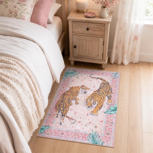 Moynesa Pink Tiger 2x3 Entryway Rug, Washable Boho Rug for Girls Bedroom - color: Pink, size: 2' x 3' (Rectangular)