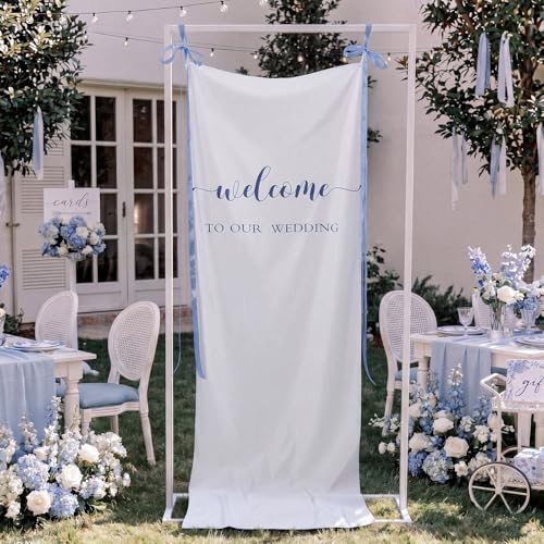 Tingjoo 27x78" Wedding Banner White, Deep Blue Backdrop Bow Hanging - color: White, Deep Blue, style: Wedding