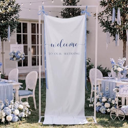 Tingjoo 27x78" Wedding Banner White, Deep Blue Backdrop Bow Hanging - color: White, Deep Blue, style: Wedding