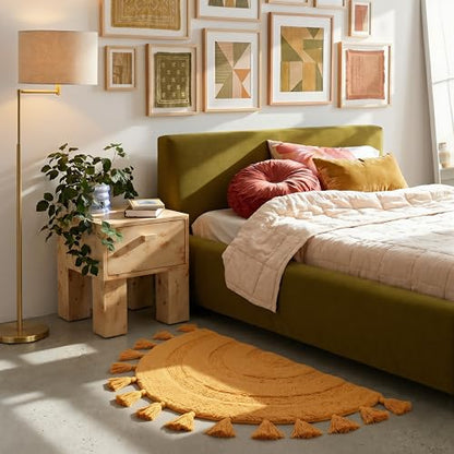 KOEXM Half Circle Boho Bathroom Rugs with Tassels 100% Cotton - color: Mustard Yellow, size: 1'10" x 3'1" (Semicircular)
