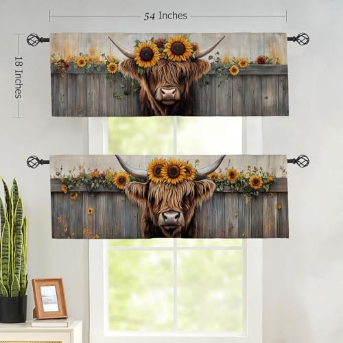 Highland Cow Sunflower Valances Curtains for Kitchen Windows 2 Pack Brown Hair Cattle Valance for Bedroom Living Room Bathroom Rod Pocket Window Curtains Window Treatment Valances 54x18 inch - color: Highland Cow Sunflower