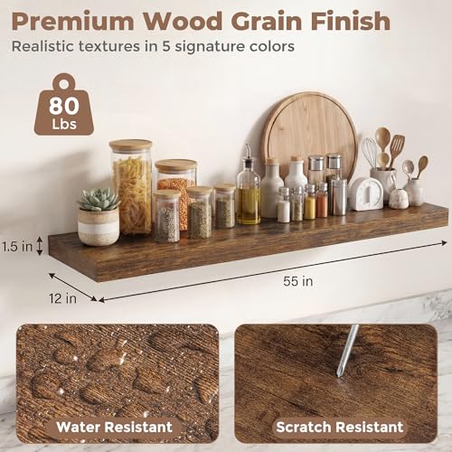 12 inch Deep Floating Shelves for Wall, 55" Wide, Rustic Brown, 2-Pack - color: Rustic Brown, size: 55"w x 12"d, 2p