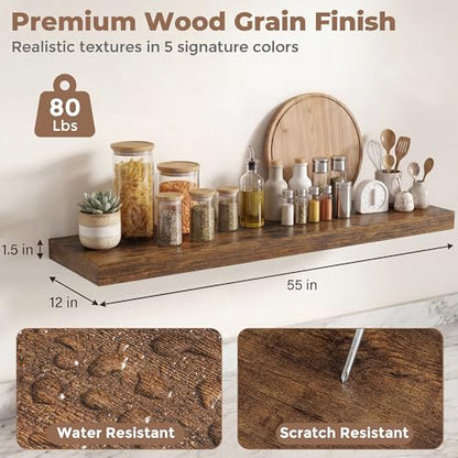 12 inch Deep Floating Shelves for Wall, 55" Wide, Rustic Brown, 2-Pack - color: Rustic Brown, size: 55"w x 12"d, 2p