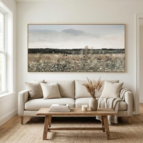 Tucai Decor Country Meadow Landscape Canvas Art Wildflowers and Field Farmhouse Wall Decor Framed Rustic Floral Print Ready to Hang 24x48 Inch Painting for Living Room Kitchen