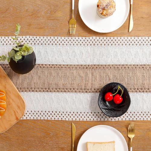 120 inch Boho Table Runner with Tassels Khaki Striped Fall Decor - color: Khaki Stripes