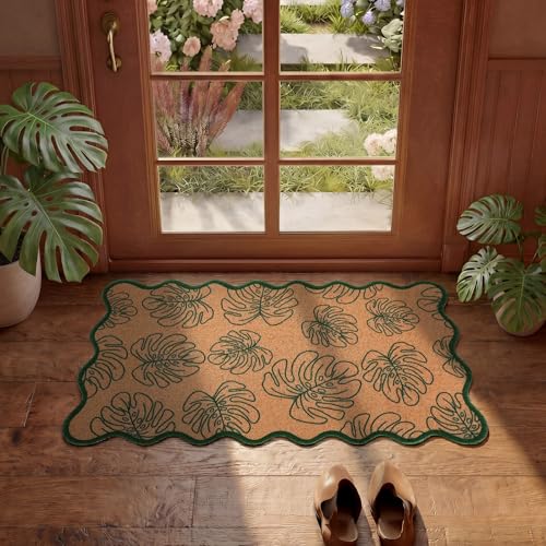 Dunzy Monstera Leaf Doormat Outdoor Green Scalloped Faux Coir Welcome Mat - style: Monstera