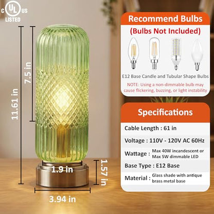 Buruis 11.6" Touch Dimmable Table Lamp with Ribbed Glass Shade, Light Green - color: Light Green