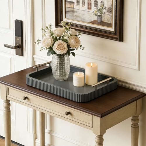 Rectangle Modern Wood Serving Tray with Metal Handles, High Gloss Gray Finish, 16x12 Inch Coffee Table Ottoman Tray for Storage and Display (Gray) - color: Gray