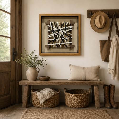 BrightA Wabi-Sabi Hand-Woven Jute Rope Framed Rustic Wall Art - color: Black + White + Natural Beige + Natural wood tone, size: 23.6"x23.6"
