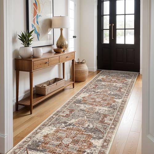 RUUGME Washable 3X12 Runner Rugs - Large Boho Rugs for Living Room Stain Resistant Carpet Vintage Tribal Rugs for Bedroom Kitchen Bathroom Non Slip Backing Home Decor Floor Decoration Mat 3x12 Brick - color: Brick, size: 3' x 12' (Runner)