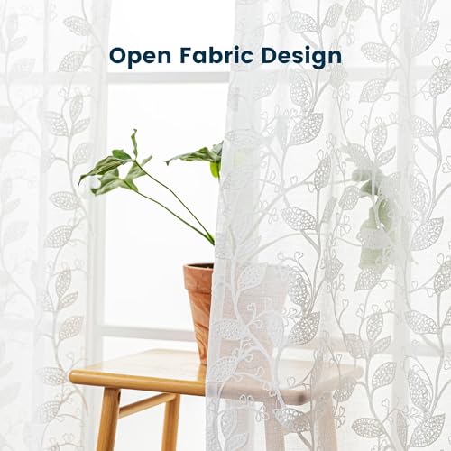 SLEEP ZONE Sheer Curtains for Living Room and Bedroom, Embroidered Sheer Curtains White Sheer Curtain 42 × 63 inch Length of 2 Panels, White Vine - color: White Vine, size: 42"W×63"L