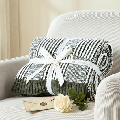 Amélie Home Checkered Knit Throw Blanket for Bed, Olive Green 60"x80" - color: Checkered Olive Green, size: 60" X 80"
