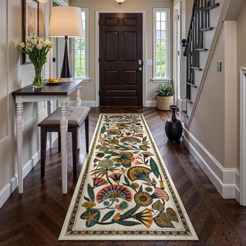 Zealude Washable Kitchen Runner Rug, Floral 2x6 Rug Runners for Hallways, Washbale Non Slip Beige Rugs, Soft Low Pile Carpet for Bedroom Entryway Laundry Room - color: Beige, size: 2' x 6' (Runner)