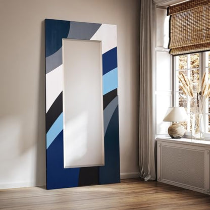 Empire Art Direct Blue Waves Hand Made Solid Paulownia Wood Beveled Leaner Mirror, Ready to Hang, Living Room, Bedroom & Office, 78.8"x39.4"x1.6" - style: Blue Waves