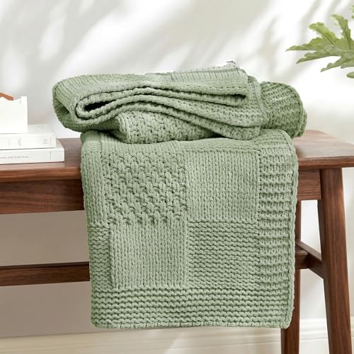 Amélie Home Checkered Knit Throw Blanket for Bed, Sage Green, 60"x80" - color: Checkered Sage Green, size: Checkered Knit 60"x80"