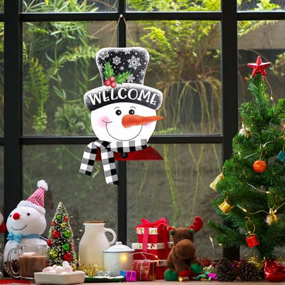 Whaline Winter Snowman Wooden Hanging Sign with Black White Buffalo Plaid Scarf Ribbon Snowman Welcome Sign Xmas Door Decor Sign for Christmas Winter kitchen Indoor Outdoor Porch Wall - style: vivid