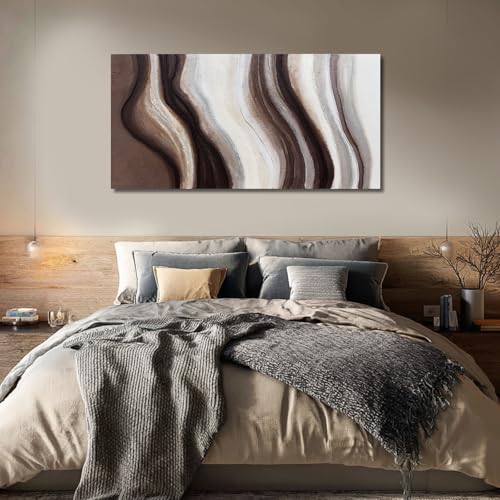 Hue7Art Modern Abstract Flowing Line Canvas Wall Art Living Room 24x48 - color: Brown and Cream, size: 24x48