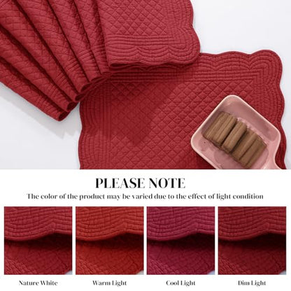 HOMBYS Quilted Placemats Set of 6 Washable-13x18 inches Rectangular Placemats for Kitchen Table-100% Cotton fabric cover and 100% polyester fiber filling Rectangular Table Mats-Cotton (18"x13", Red) - color: Red