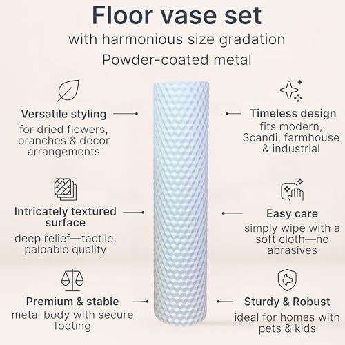 Leewadee Set of 2 Large Floor Vases Metal for Pampas Grass - color: White