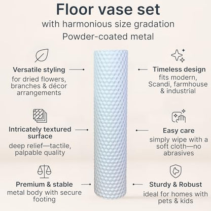 Leewadee Set of 2 Large Floor Vases Metal for Pampas Grass - color: White