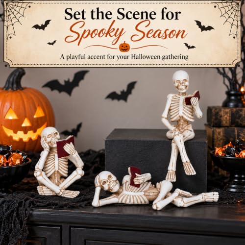 3 Piece Halloween Indoor Decor Figurines Sitting Skeleton Statue Halloween Decorations mini Reading Skull Figurine Home Decor for Living Room Table Shelf Ornament