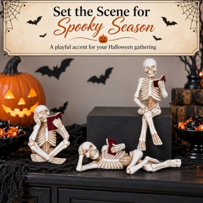 3 Piece Halloween Indoor Decor Figurines Sitting Skeleton Statue Halloween Decorations mini Reading Skull Figurine Home Decor for Living Room Table Shelf Ornament