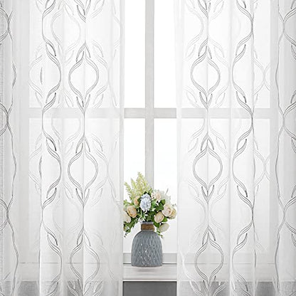 VISIONTEX Grey and White Sheer Curtains Moroccan Embroidered 63 Inches - color: A-grey, size: 54"W x 63"L (Pack of 2)