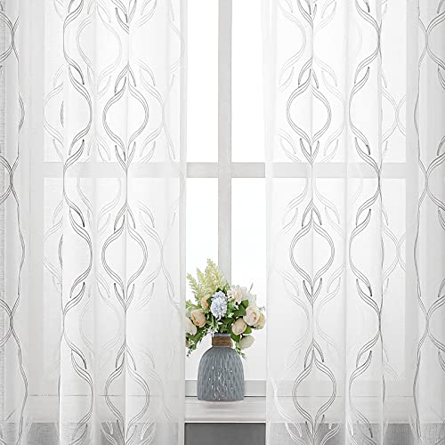 VISIONTEX Grey and White Sheer Curtains Moroccan Embroidered 63 Inches - color: A-grey, size: 54"W x 63"L (Pack of 2)
