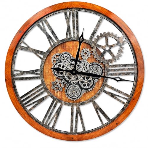 The B-Style 36" Large Moving Gear Wall Clock Oversized Vintage Farmhouse Wall Clocks for Living Room Decor Rustic Industrial Wood Clock (Brwon with Bronze Gears) - color: Brwon With Bronze Gears, size: 36 inch (90 cm)
