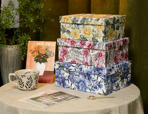 3-Piece Decorative Storage Boxes with Lids, Watercolor Floral Design Inspired by Garden Blooms, Cardboard Keepsake Box Set, Photo & Memory Storage for Home Decor and Modern Organization - color: Garden Blooms