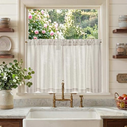 jinchan Linen Striped Tier Curtains for Kitchen Windows Farmhouse - color: Striped Grey | on Beige, size: 26"W x 24"L (Pack of 2)