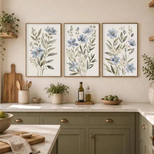 Beayum Blue Wildflower Watercolor Canvas Wall Art, Unframed, Set of 3 - color: Blue Wildflower Prints, size: 16"L x 12"W Unframed