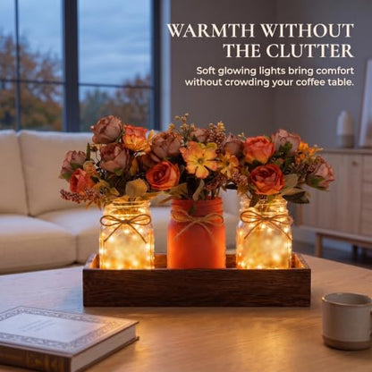 Fall Mason Jar Table Centerpieces with LED Fairy Lights, Fall Decor - color: Jar-fall