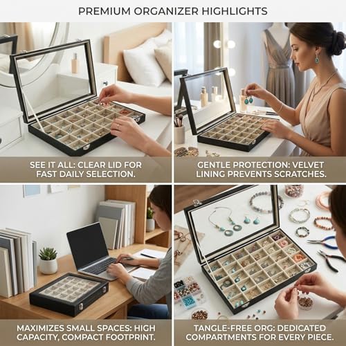 Stratalife 12 Grid Bracelet Jewelry Box, Bangle Holder Organizer with Lid - color: Beige-Black, size: 12 Grid