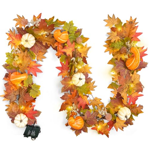 6ft Pumpkin Maple Leaf & Berries Fall Garland with Light String
